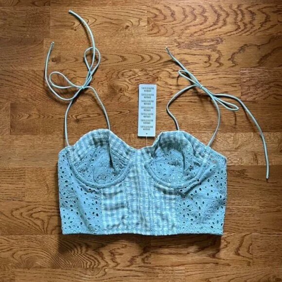 NWT urban outfitters corset top green white gingham eyelet crop bustier cami tie - Picture 3 of 3